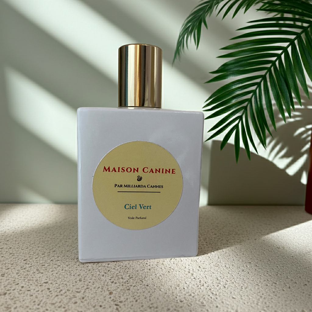 Veil parfumé dog mist Ciel Vert by Maison Canine in white perfume bottle with gold cap on a textured surface with a neutral plant leaf background.