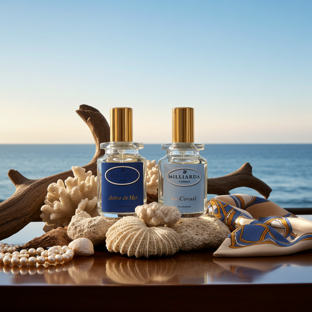 Two 30 ml perfume bottles, Le Corail and Arbre de Mer by Milliarda Cannes, styled with coral, shells and pearls by the sea.