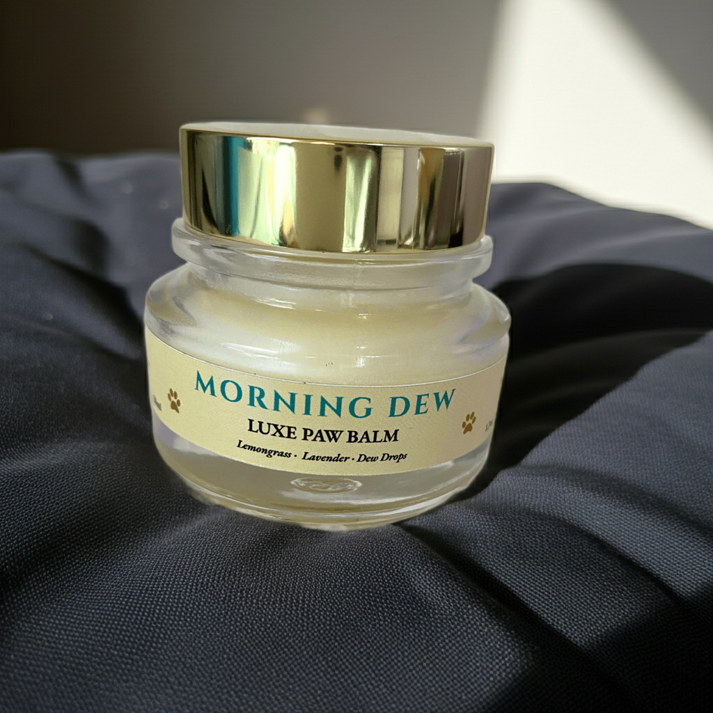 Morning Dew Luxe Paw Balm in glass cosmetic jar with gold lid by Maison Canine on a dark fabric cushion neutral background