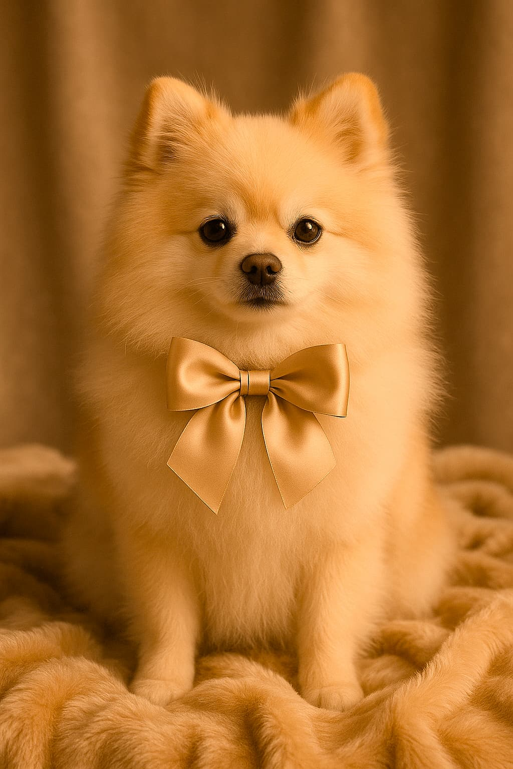 Fluffy Pomeranian dog wearing a champagne-colored bow, seated on a velour blanket, symbolizing the luxury and elegance of Maison Canine