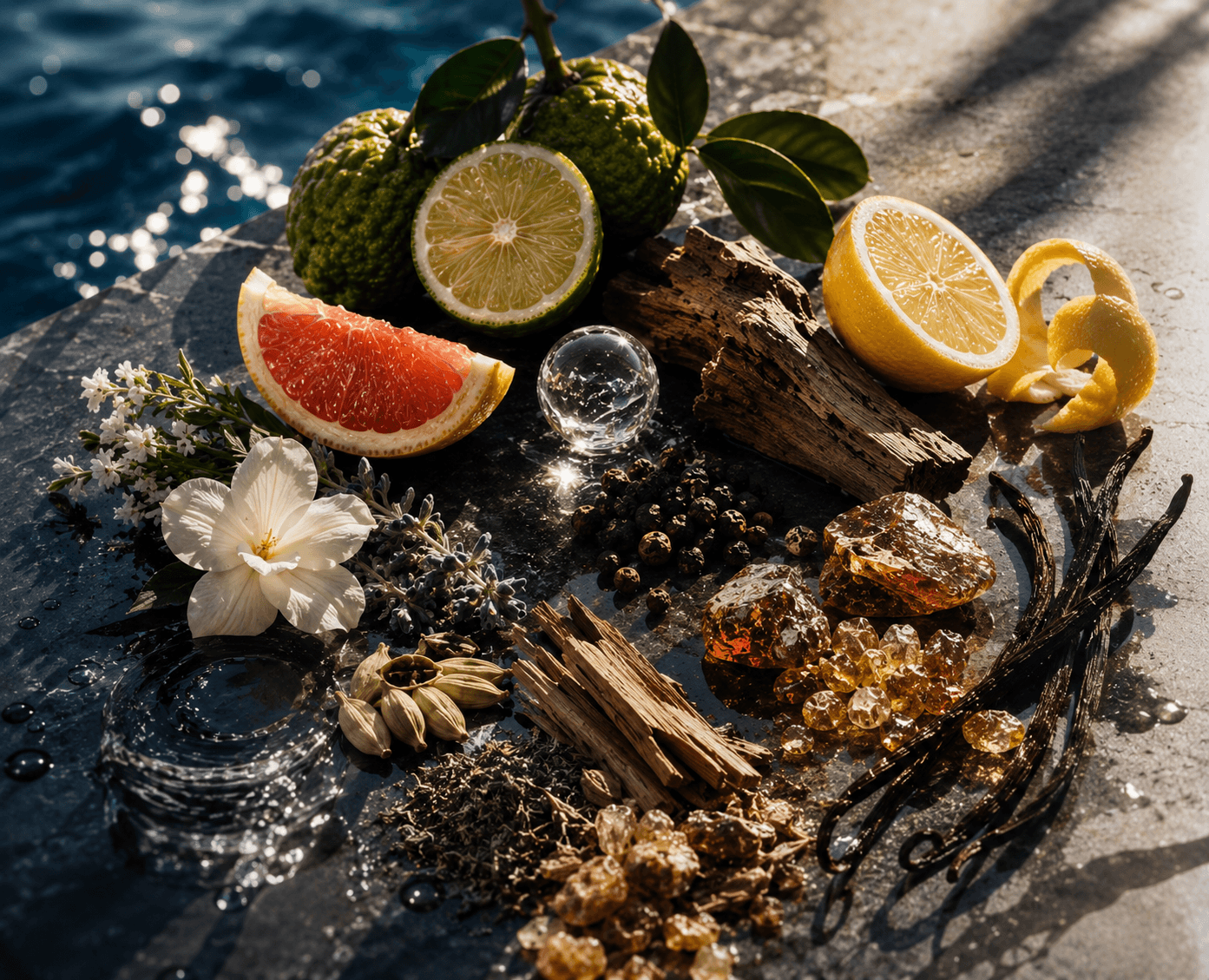 Visual interpretation of Le Récif Eau de Parfum by Milliarda Cannes, inspired by sparkling citrus, ocean air, sunlit woods and warm ambered elegance.