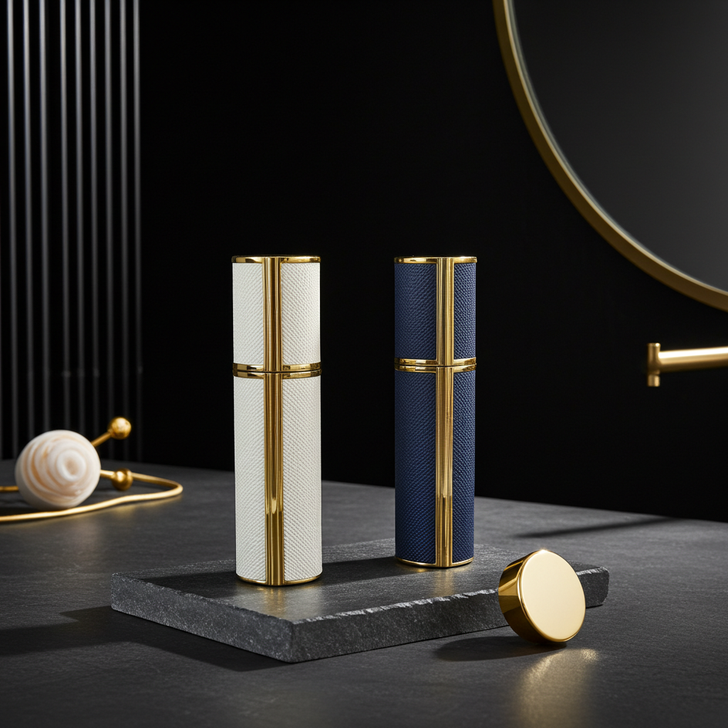 L'Odyseé a deux Milliarda Cannes two 10ml leather encased perfume bottles in white and blue cases with gold accents on a dark surface.