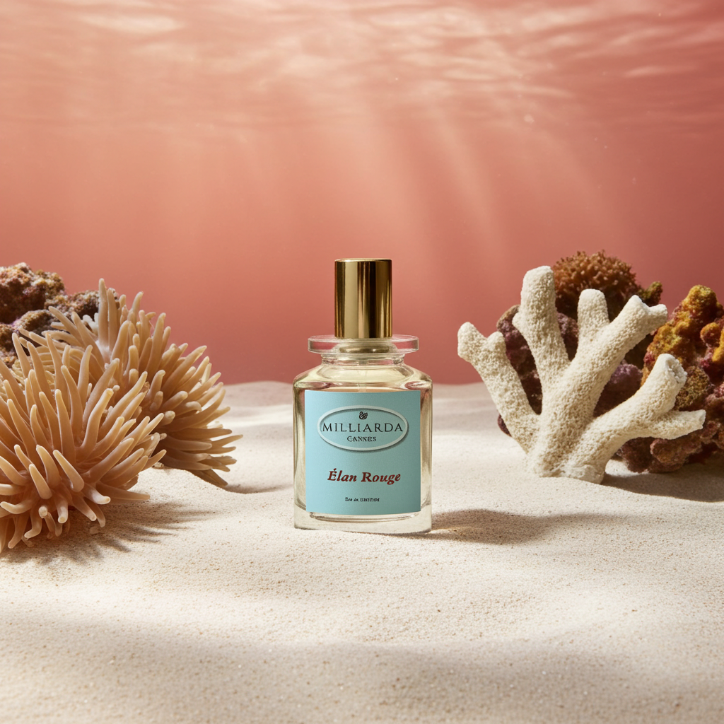 Élan Rouge perfume photographed on a sunlit sea bed with coral surroundings and a warm sunblush background, inspired by Caribbean corals with notes of red fruits, heliotrope, and sugared woods.