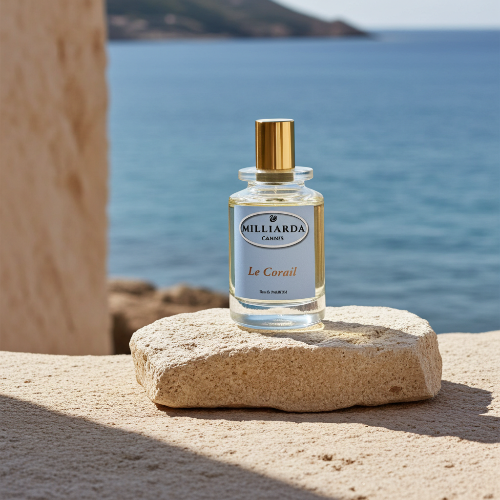 Le Corail feminine Mediterranean floral and warm woods luxury perfume photographed on stone with a bright sea background inspired by coral reefs.