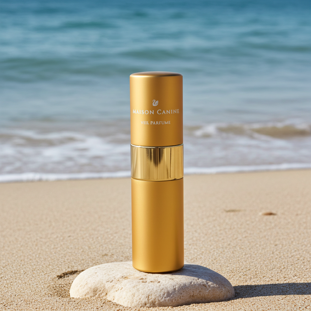 Maison Canine Veil Parfumé Mini gold dog fragrance on light stone by the sea 