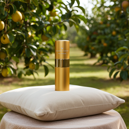 Maison Canine Veil Parfumé Mini gold dog fragrance bottle on light cushion in apple orchard