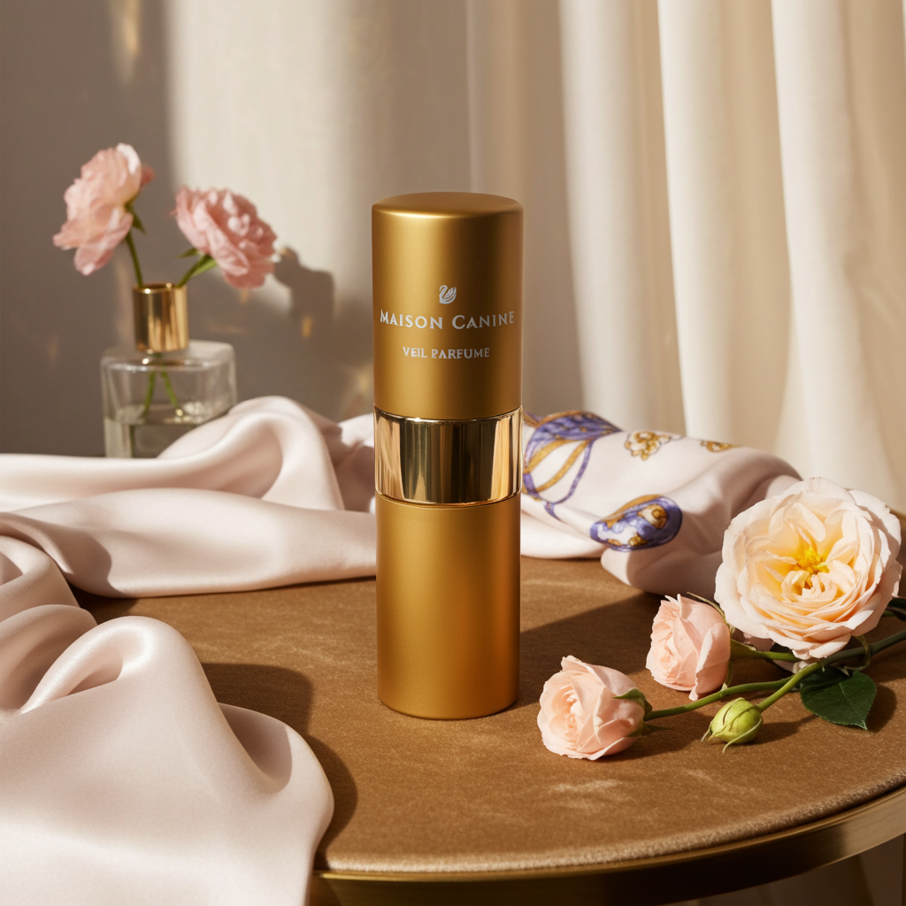 Maison Canine Veil Parfumé Mini gold dog perfume bottle on table with roses and silk background