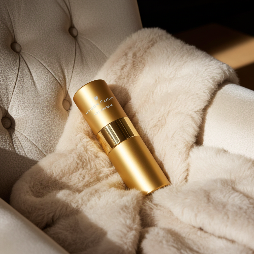Maison Canine Veil Parfumé Mini gold dog fragrance bottle resting on soft fur cushion