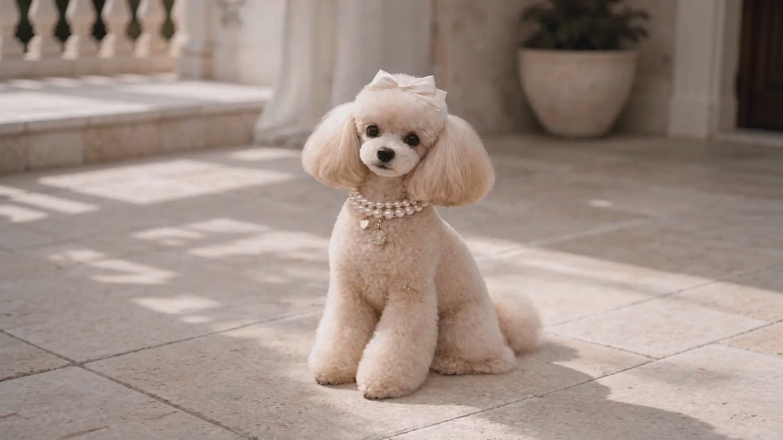 Nina the Maison Canine white poodle on luxury Riviera terrace