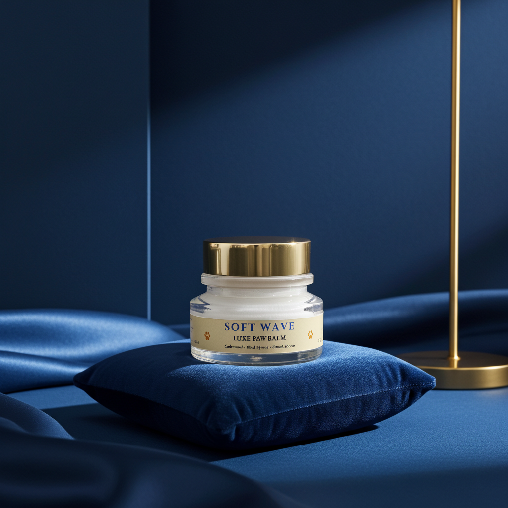 Soft Wave luxe paw balm in glass cosmetic jar with gold lid by Maison Canine on a blue velvet pillow with a blue background