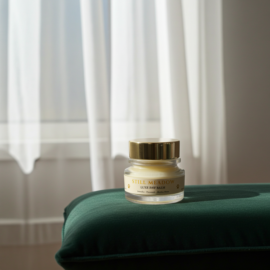 Glass jar luxe paw balm Still Meadow on a green velvet cushion with white curtains in the background