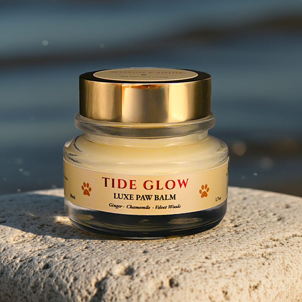  Tide Glow Luxe Paw Balm  in glass cosmetic jar with gold lid by Maison Canine on a stone surface with a blurred natural background