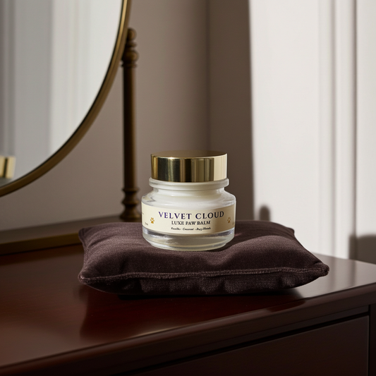 Velvet Cloud luxe paw balm in glass cosmetic jar with gold lid by Maison Canine on a dark brown velvet cushion with a mirror in the background